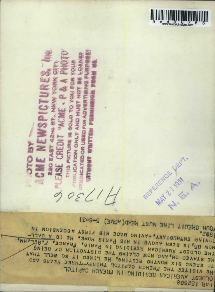 1931 Press Photo Oldest American in Paris, France 85-year-old F.S. Lahm