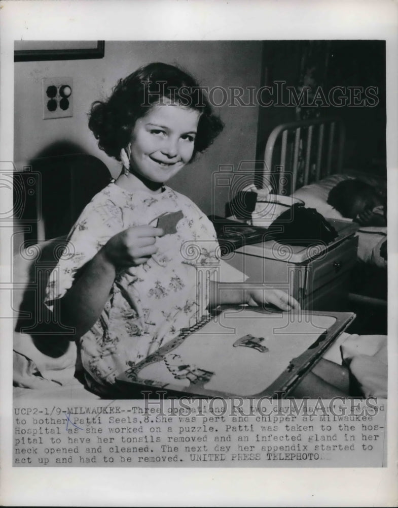 1958 Press Photo Patti Seels recovering from her operations