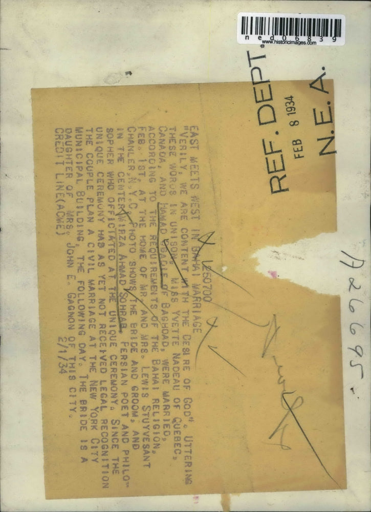 Load image into Gallery viewer, 1934 Media Photo Ms. Yvette Nadeau of Quebec &amp; Hamad Osadie of Bagdad Wedding
