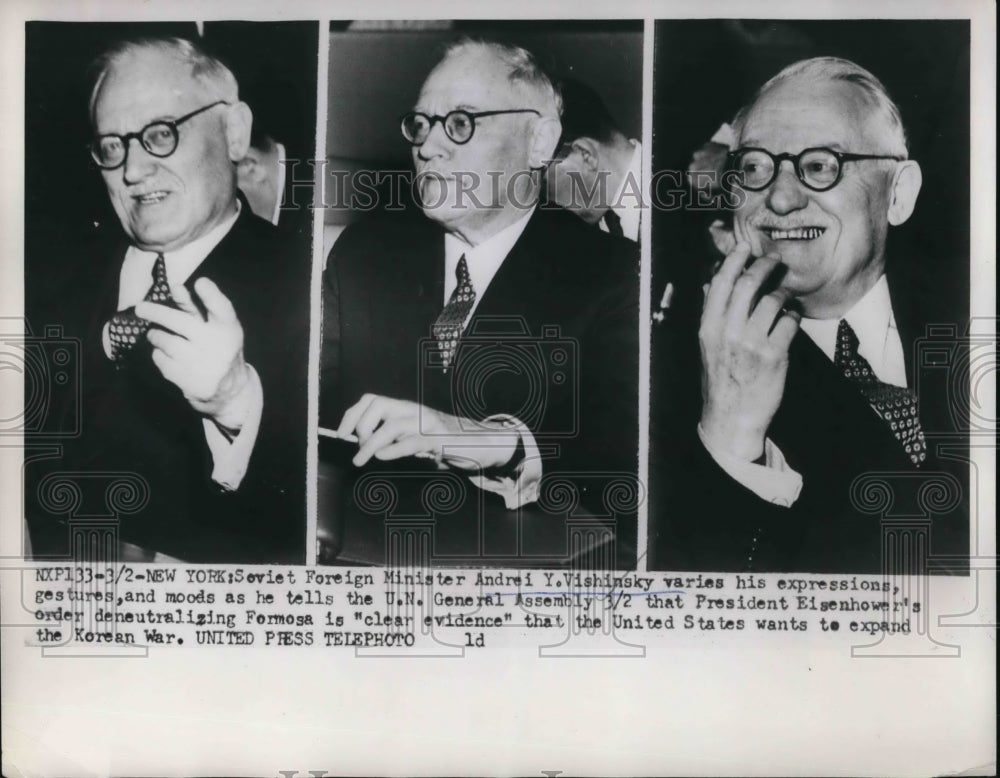 1953 Press Photo Soviet Foreign Minister Andre Vishinsky varies his expressions