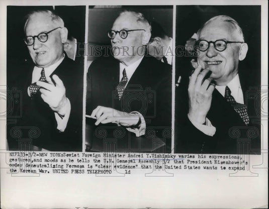 1953 Press Photo Soviet Foreign Minister Andre Vishinsky varies his expressions
