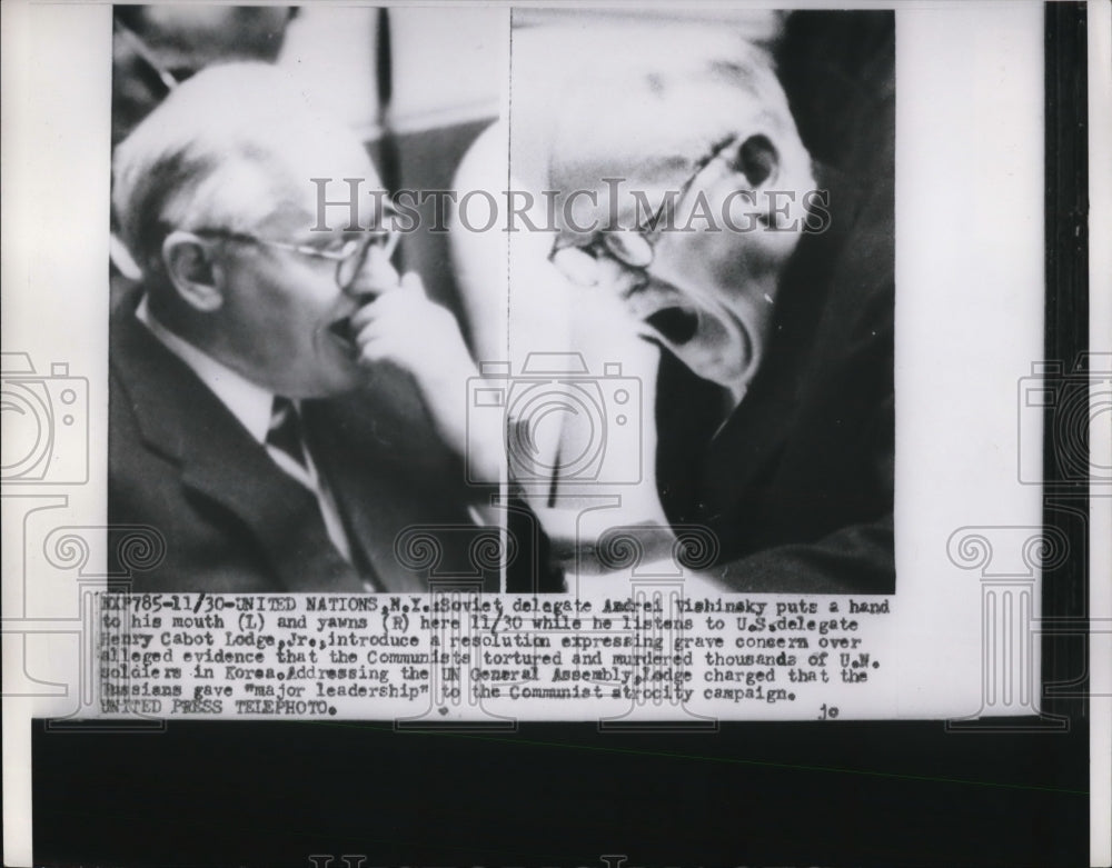1953 Press Photo Soviet Andrei Vishinsky yawns on US Henry Lodge, Jr's speech