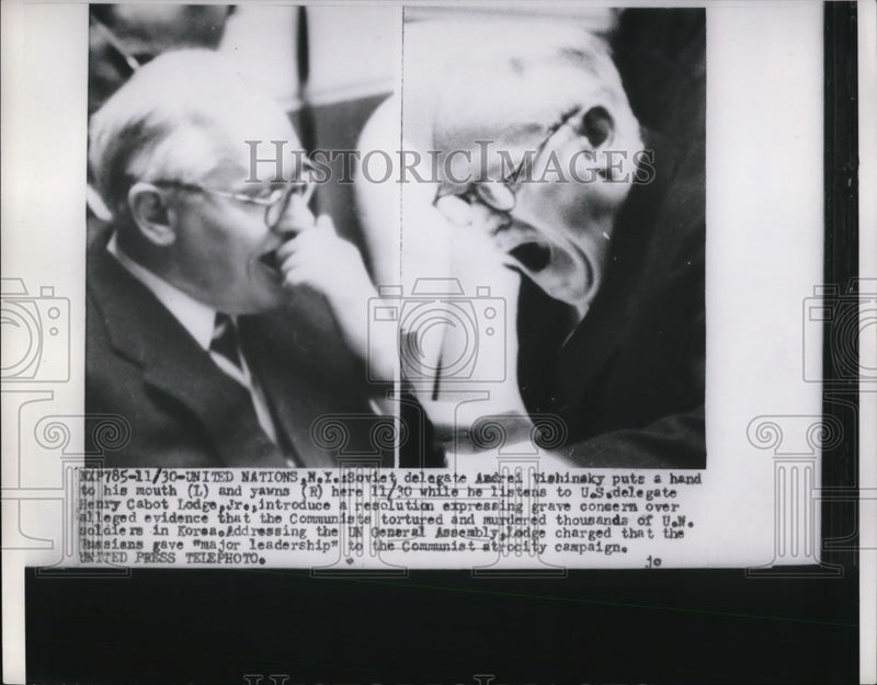 Load image into Gallery viewer, 1953 Press Photo Soviet Andrei Vishinsky yawns on US Henry Lodge, Jr's speech
