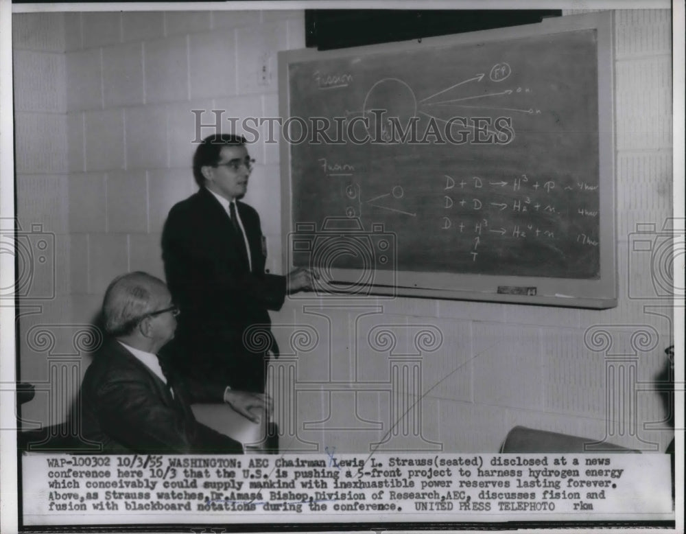 1955 Press Photo Wash DC AEC chair Lewis Strauss & Dr Amasa Bishop