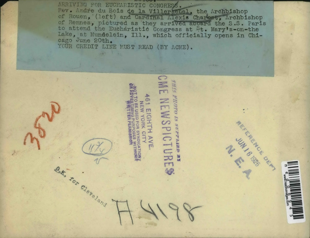 1926 Press Photo Rev Andre du Bois de la Villeraebel of Rouen, Cardinal A Charos