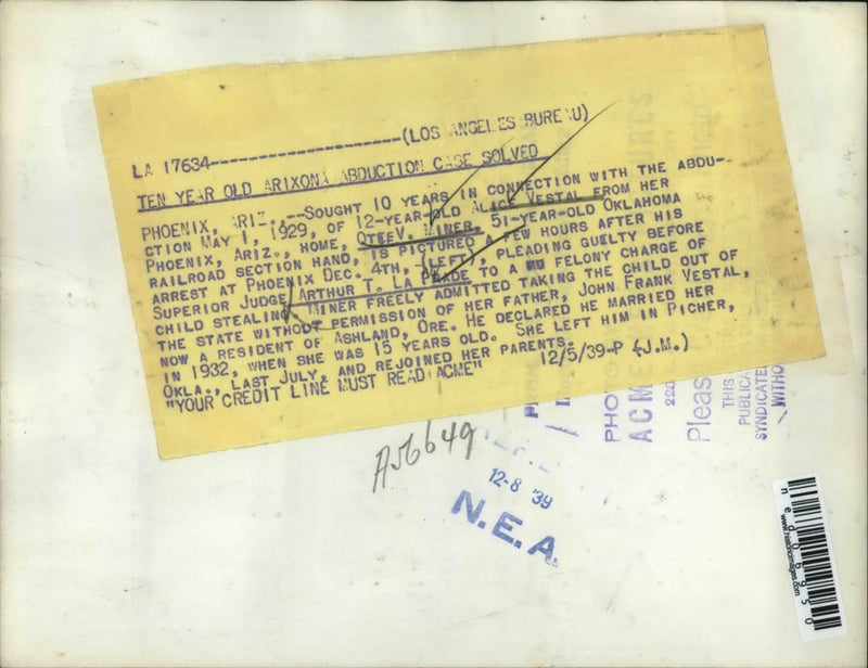 Load image into Gallery viewer, 1939 Media Photo Phoenix, Ariz Otto Miner, kidnapper &amp; Judge Art Plade
