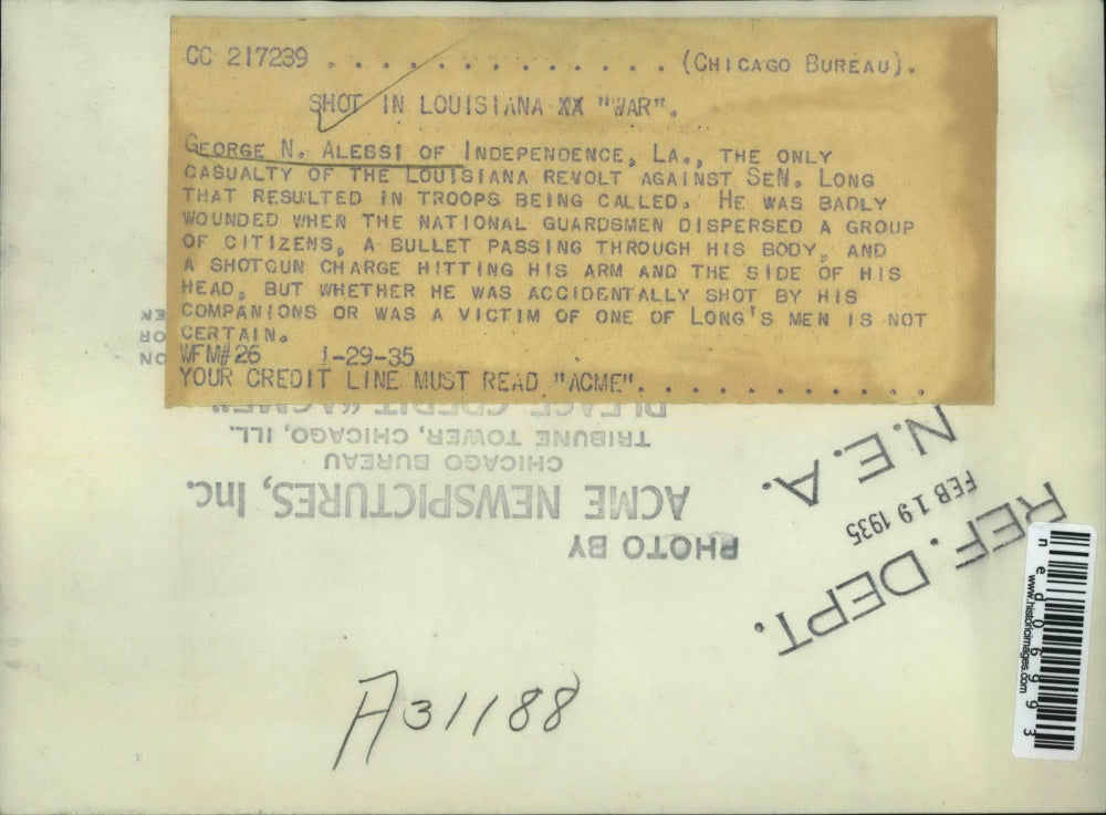 1935 Press Photo George Alessi shot in Louisiana war against Sen. Long