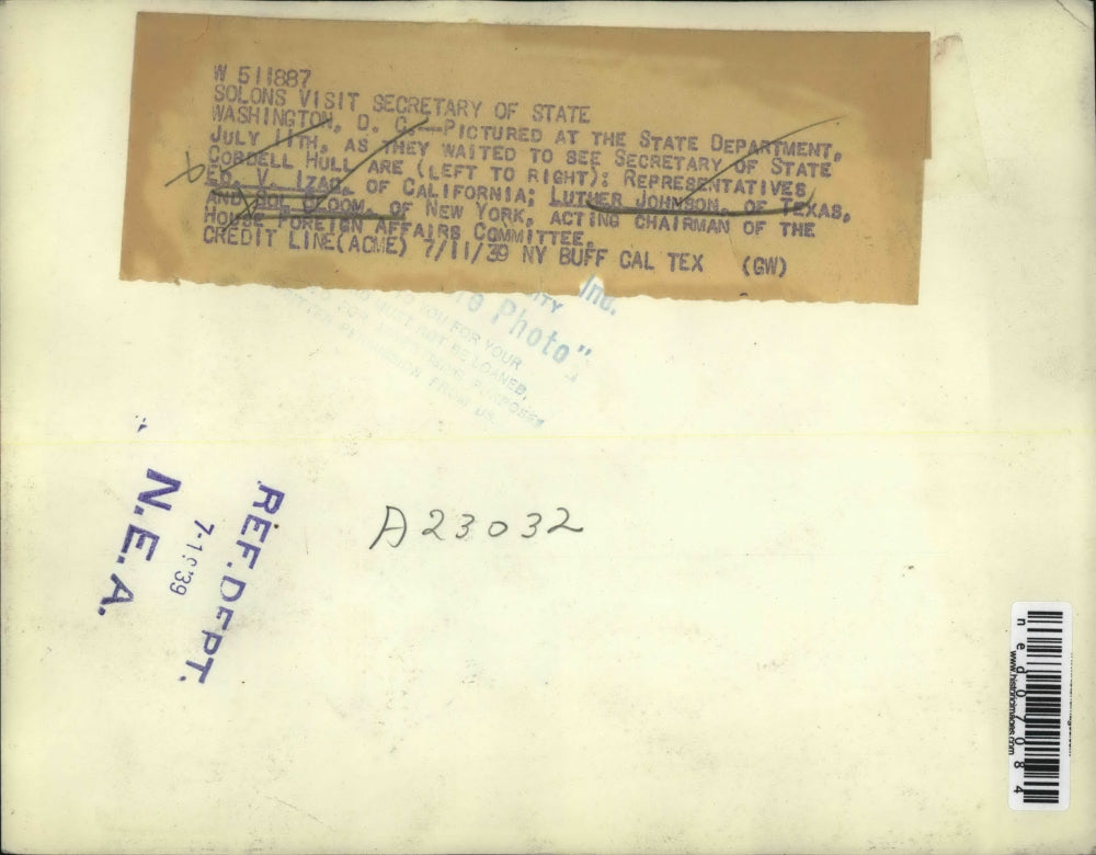 1939 Press Photo DC Sec of State Cordell Hull, L Johnson of Tex, B Bloom of NY