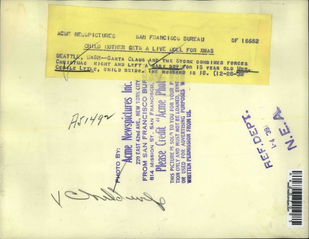 1939 Press Photo Mrs. Cecile Lytle, 15, gives births son on Christma Seattle WA