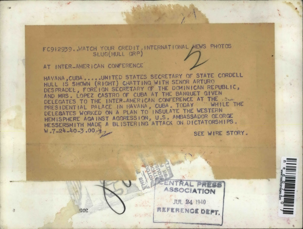 1940 Press Photo Havana Cuba US Sec of State Cordell Hull, Art Desoradel of D.R.