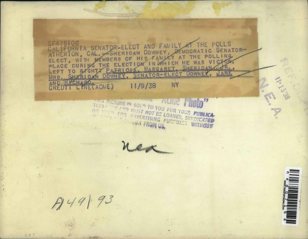 1938 Press Photo Sheridan Downey with Family, Patricia, Margaret, Sheridan Jr.