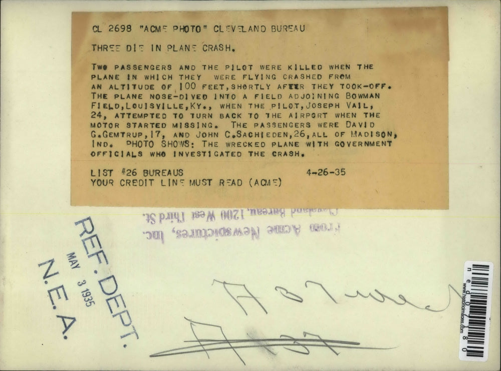 1935 Press Photo Plane crash that killed D Gemtrup, J Sachieden in KY