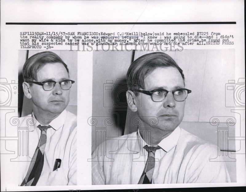 Load image into Gallery viewer, 1957 Press Photo Edward O'Neill, embezzled for family, thought he was dying
