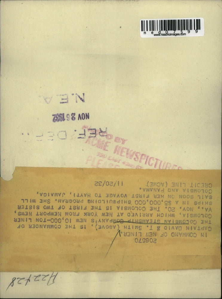 1932 Press Photo The Commander of the Colombian Steamship is Capt. David Smith