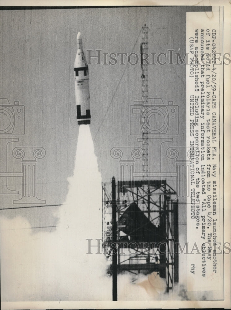1959 Press Photo Navy missileman launched fuel Polaris test rockets from Cape