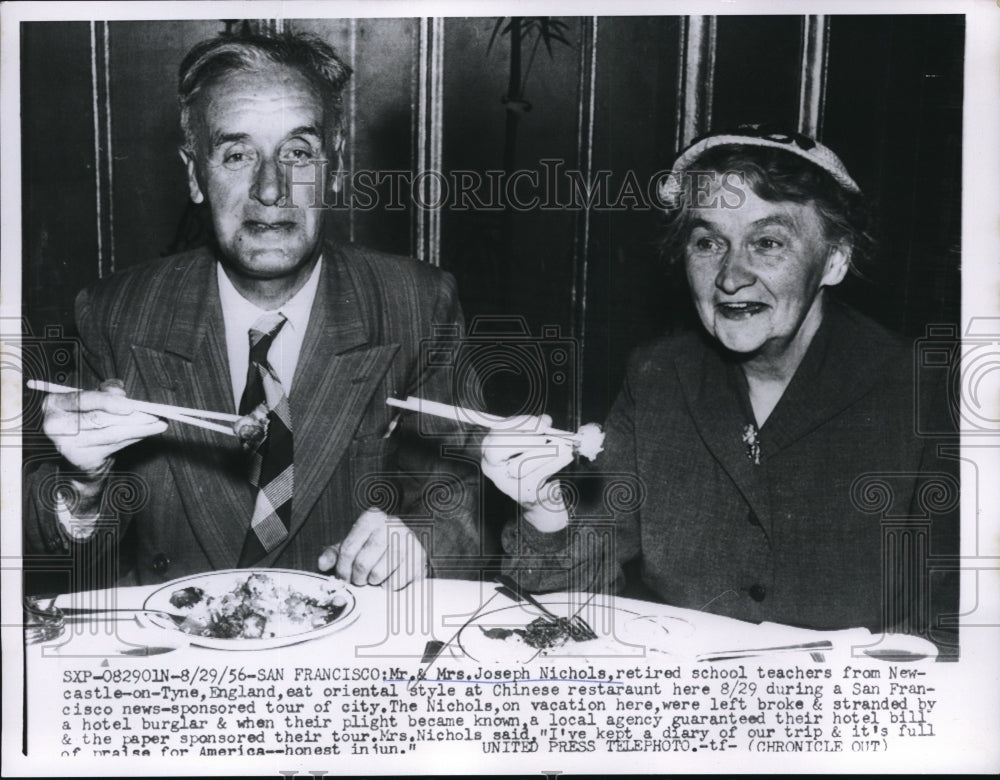 1956 Press Photo The retired school teachers, Mr. and Mrs. Nichols on vacation