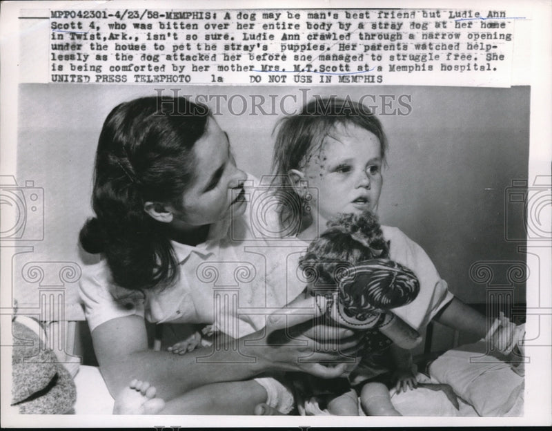 Load image into Gallery viewer, 1958 Press Photo Mrs. Scott comforted her daughter after bitten by a stray dog
