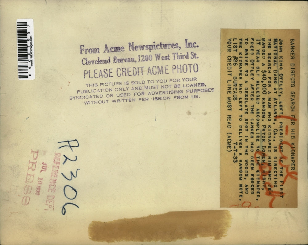 1933 Press Photo John King Ottley is directing for the manhunt of his kidnapper