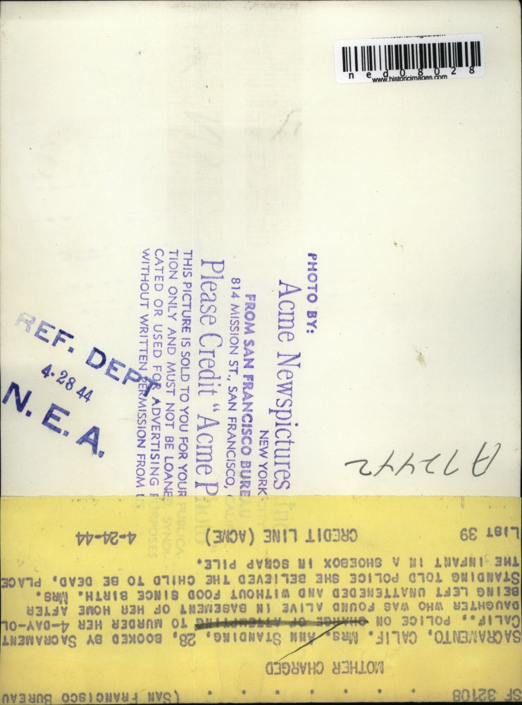 1944 Press Photo Sacramento Calif Mrs Ann Standing booked on attempted murder