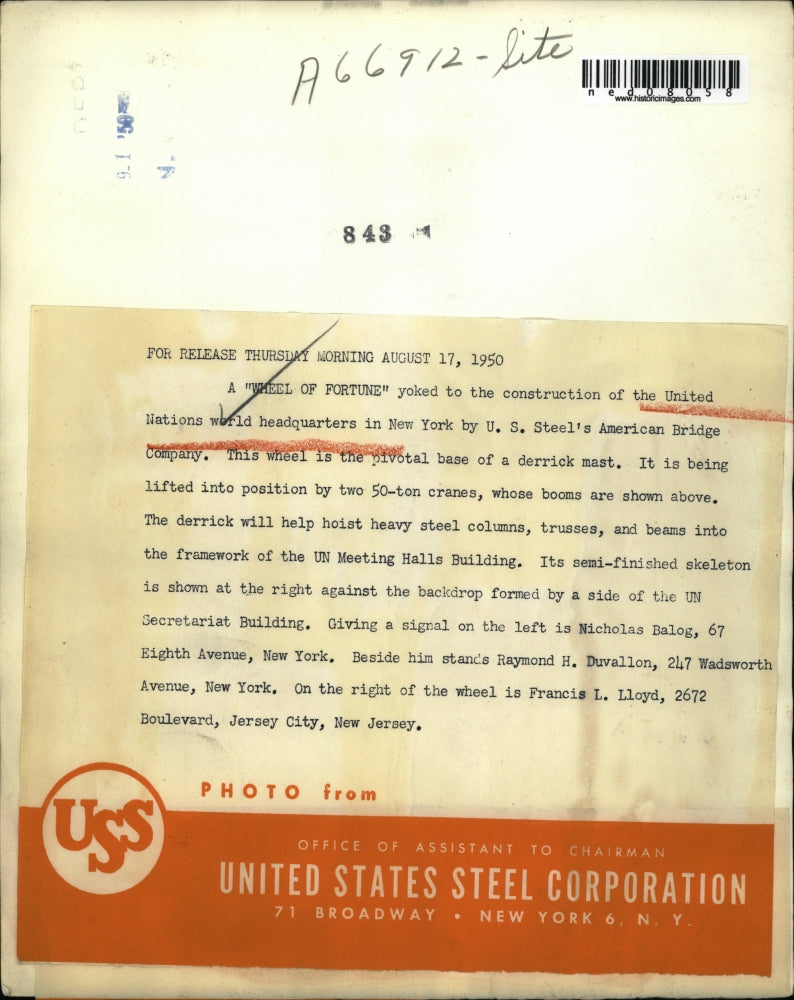 1958 Media Photo UN world HQ & derrick crane at construction site