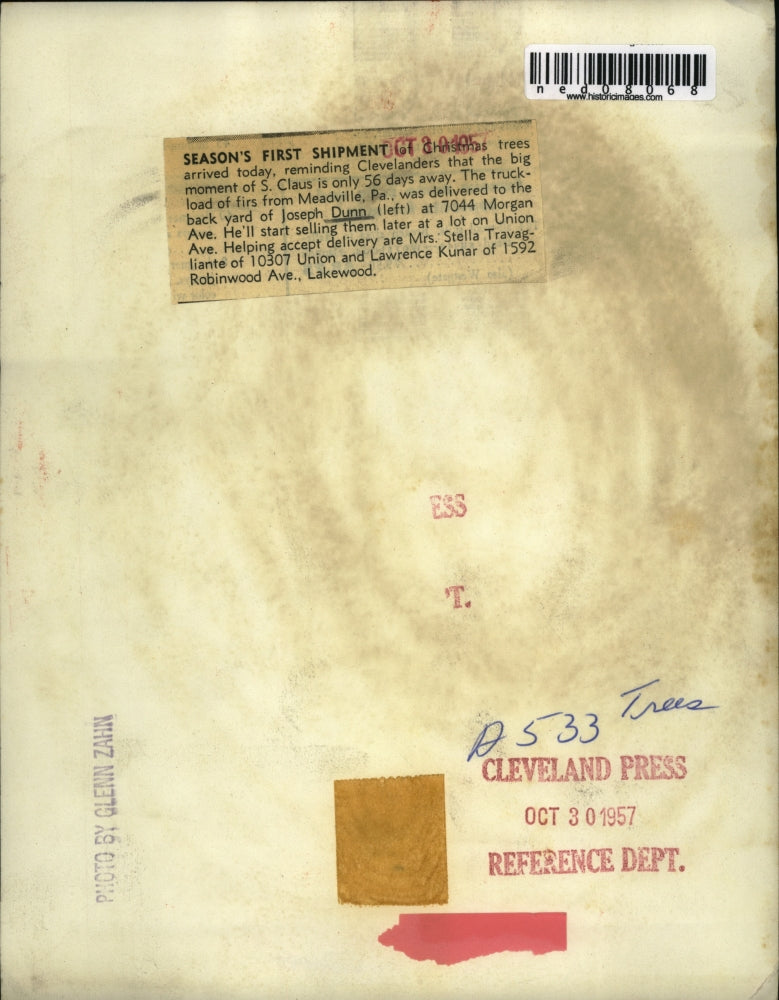 1957 Press Photo Joe Dunn, Larry Kunar with Xmas trees for Cleveland Ohio