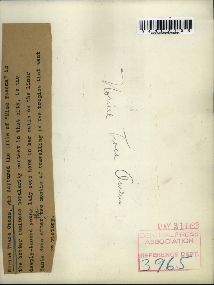 1933 Press Photo Norine Trace Owens Miss Tacoma