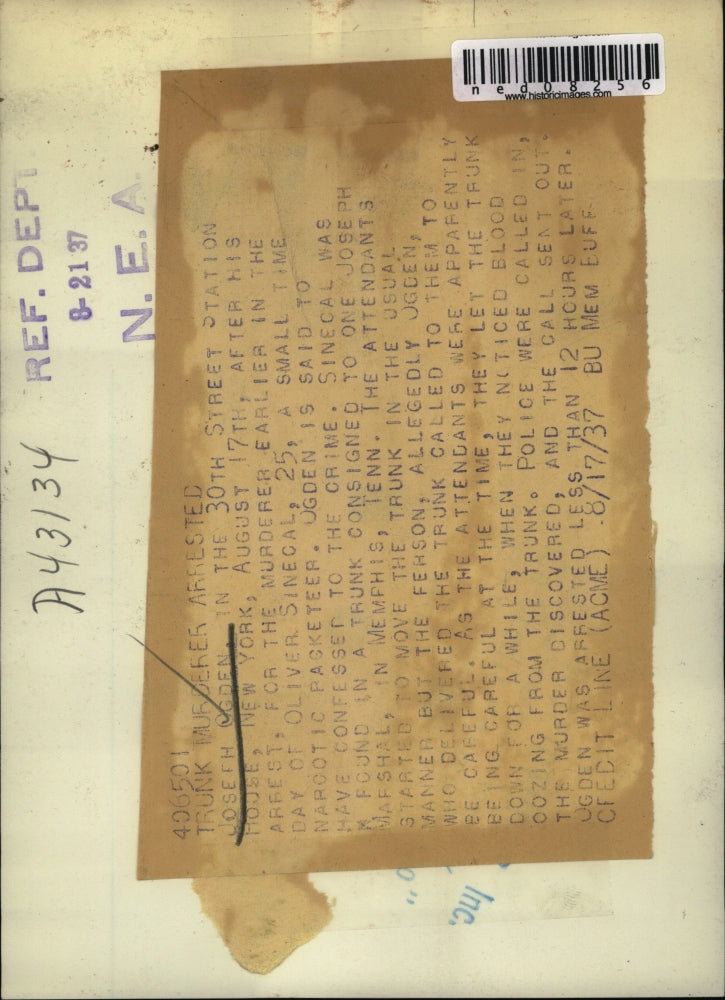 1937 Press Photo Joseph Ogden arrested for murder of Oliver Sinecal