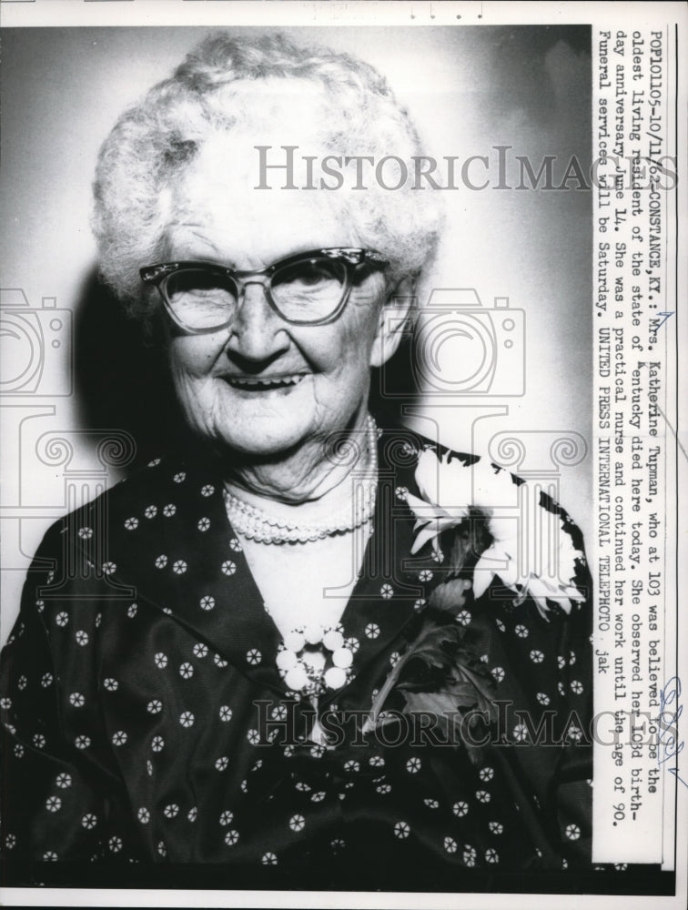 Load image into Gallery viewer, 1962 Press Photo Constance Ky Mrs Katherine Tupman age 103 died today
