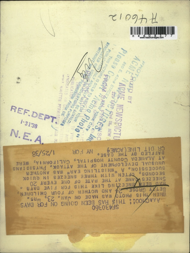 1938 Press Photo Betty Grose at Alameda Count Hospital sneezing for days