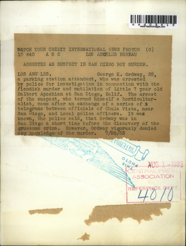 1933 Press Photo LA Calif George K Ordway investigated in child's murder