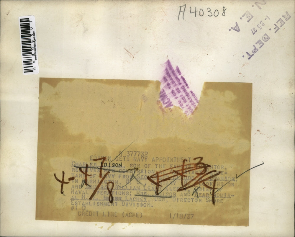 1937 Press Photo Charles Edison gets his Commission from Secretary of Navy