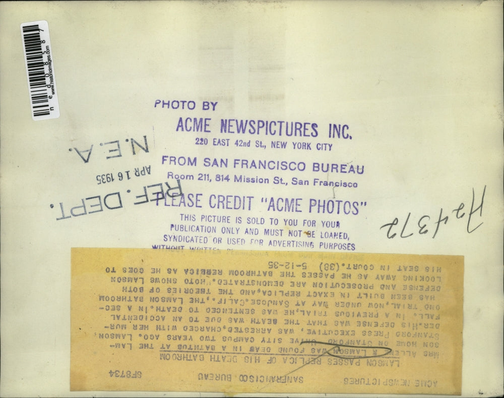 1935 Press Photo San Jose California Allene R Lamson Bathtub Replica Trial