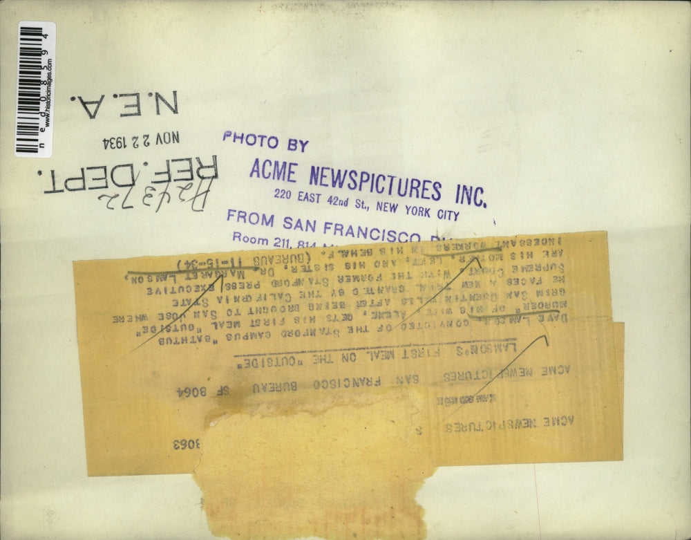 1934 Press Photo Lamson's first meal on the outside