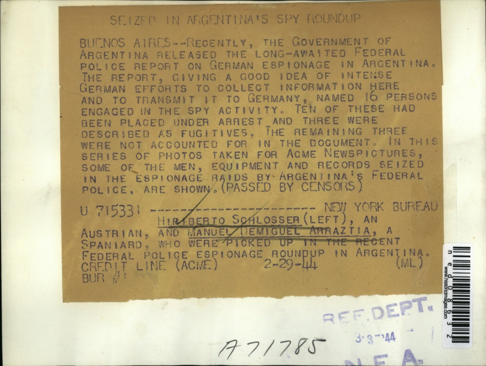 1944 Press Photo Spy Hiriberto Schlosser & Manuel Demiguel Arraztia Buenos Aires