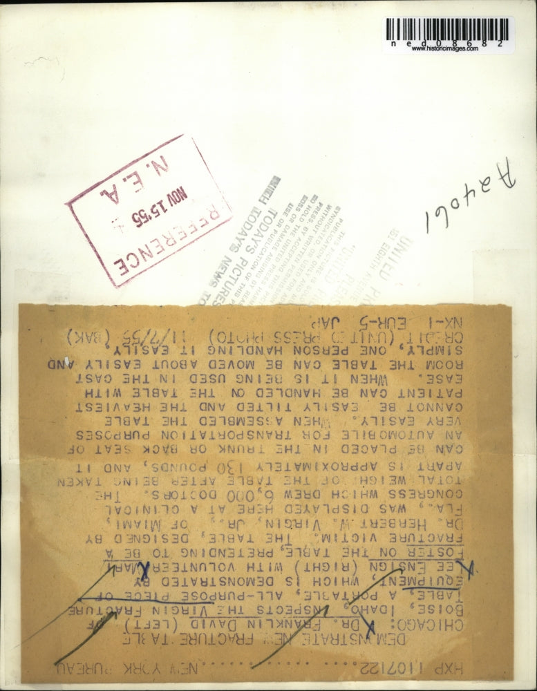 1955 Press Photo Dr. Franklin David as he inspects a Virgin fracture table