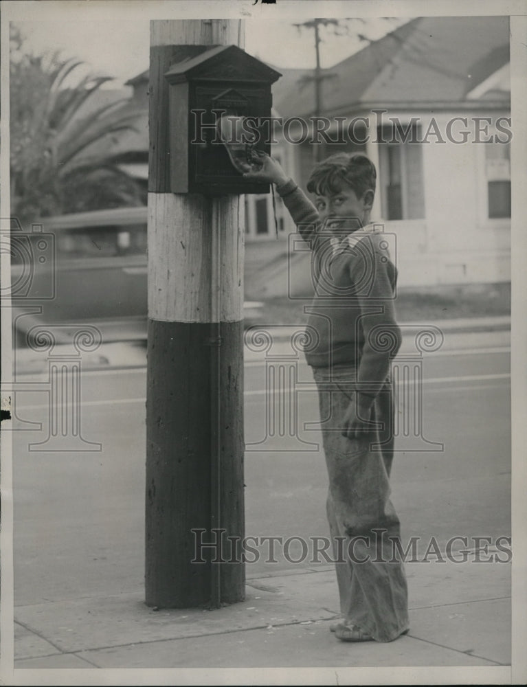 Load image into Gallery viewer, 1933 Press Photo Anthony Longo Hero of Neighborhood pulls fire box alarm
