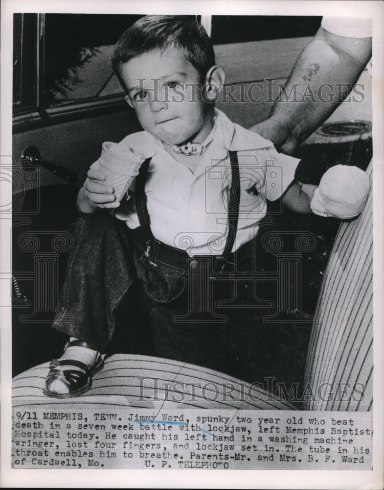 Load image into Gallery viewer, 1962 Press Photo Jimmy Ward beats death after seven week battle with lockjaw
