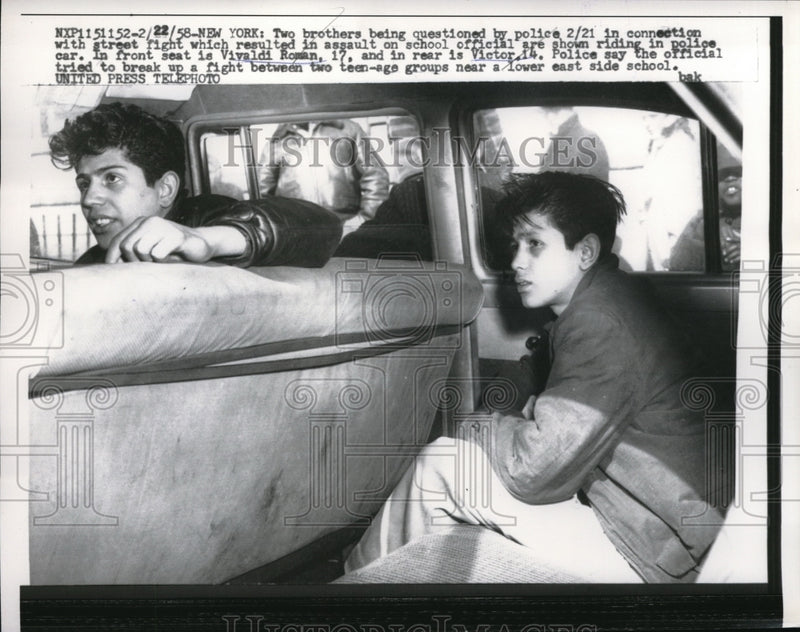 Load image into Gallery viewer, 1958 Press Photo NYC, Vivaldi &amp; Victor in custody for a street fight &amp; assault

