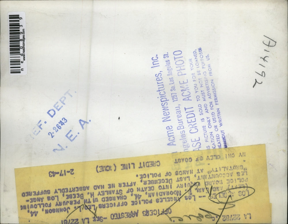 1943 Media Photo La Calif muh shots cops LL Johnson, EB Mooradian brutality