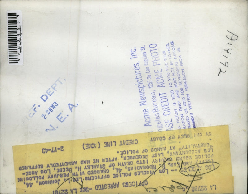 Load image into Gallery viewer, 1943 Media Photo La Calif muh shots cops LL Johnson, EB Mooradian brutality

