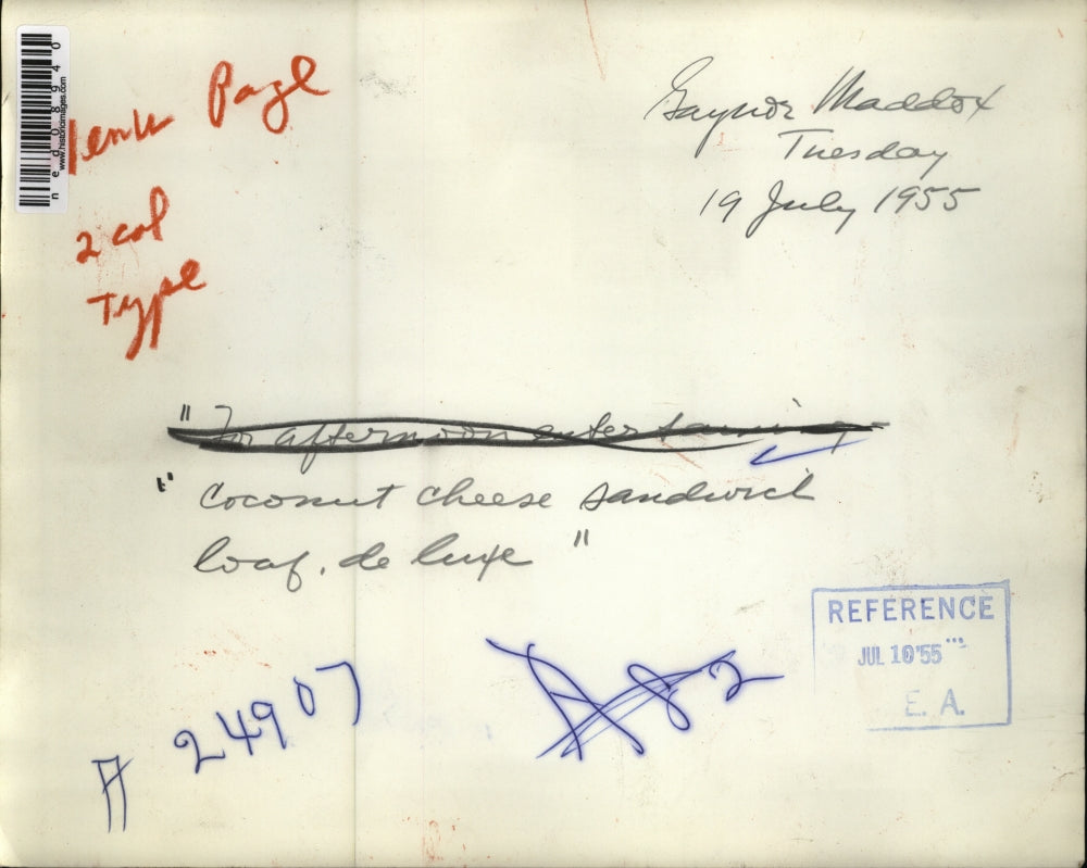 1955 Press Photo A coconut cheese layer cake on display