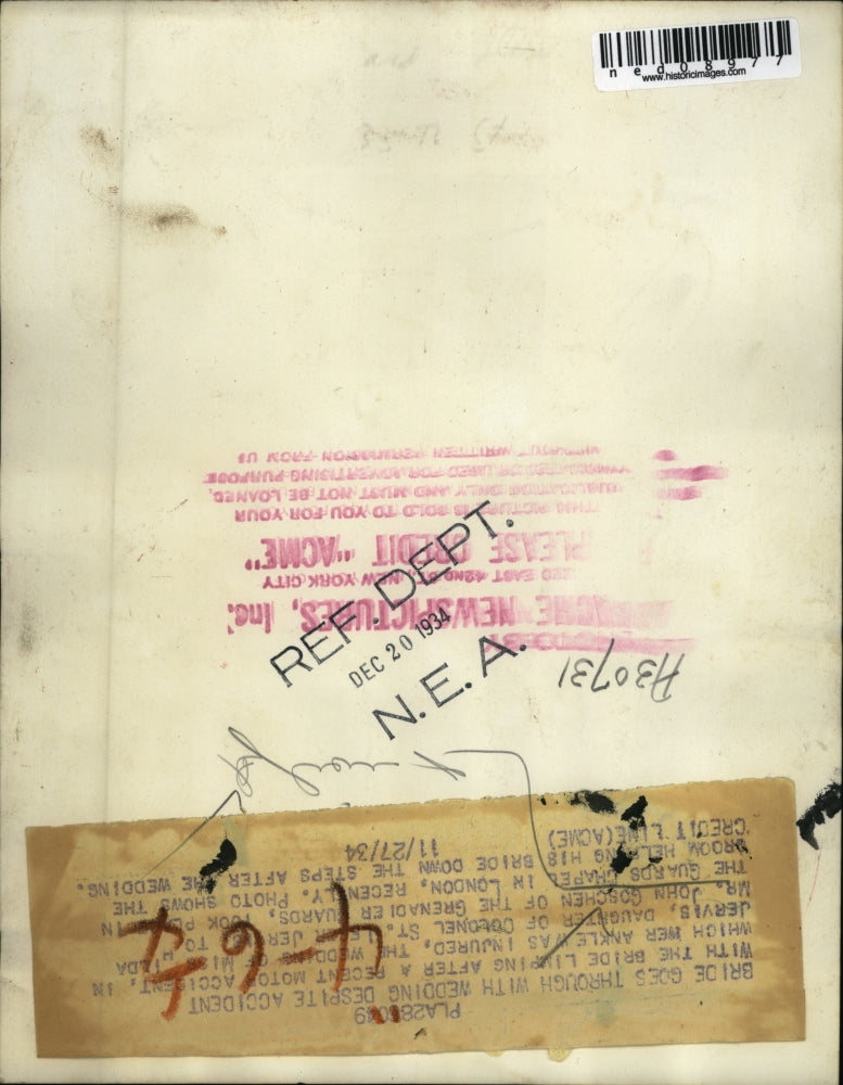 1934 Press Photo London after recent motorcycle accident Hilda Jervis weds John