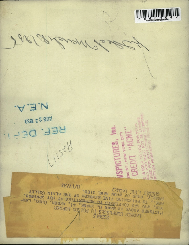 1933 Press Photo Mark H Shank poisoned Colley family in Hot Springs Ark