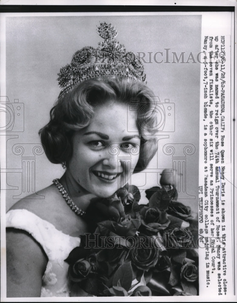 1962 Press Photo Pasadena Cal. Rose Queen Nancy Davis