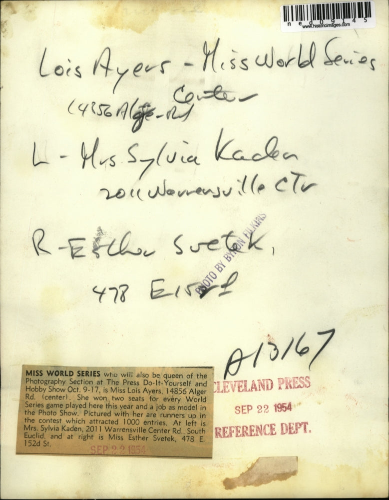 1954 Press Photo Lois Ayersm Mr sS Kader, Esther Suetek Queen of show