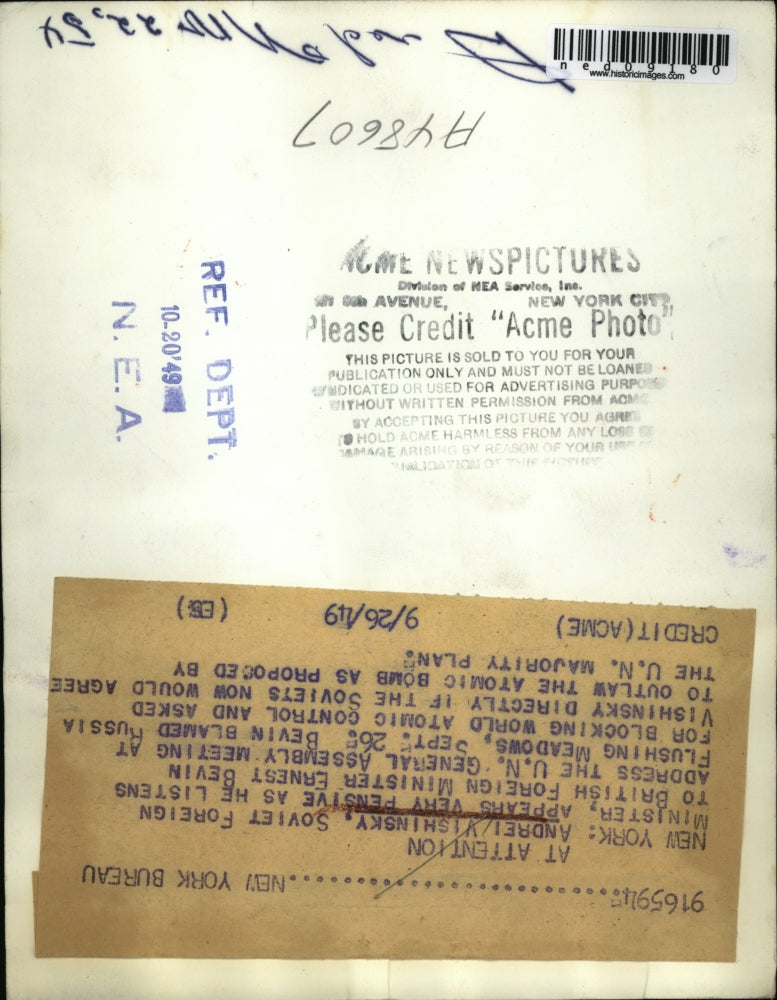 1949 Press Photo Andrei Vishinski listens to Ernest Bevin address the UN