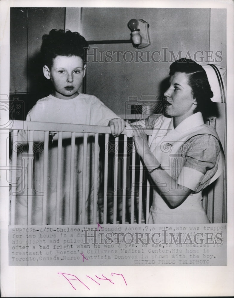 Load image into Gallery viewer, 1953 Press Photo Donald Janes with Nurse Patricia Donovan at Boston Hospital
