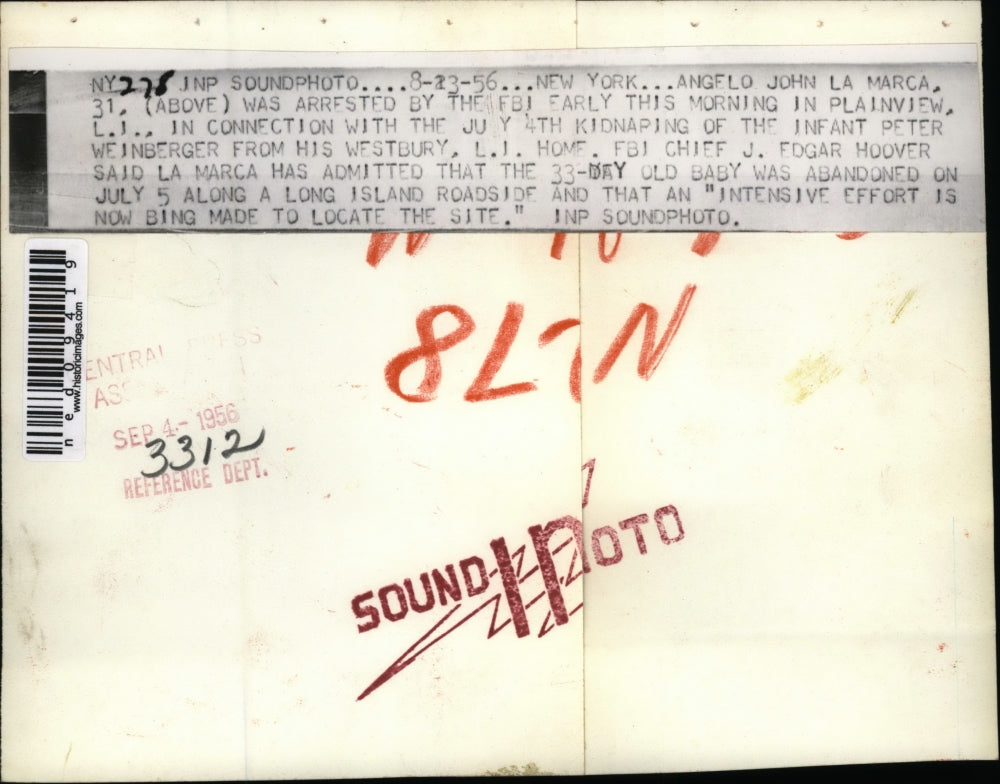 1956 Media Photo NYC Angelo John La Marca arrested by FBI for kidnapping