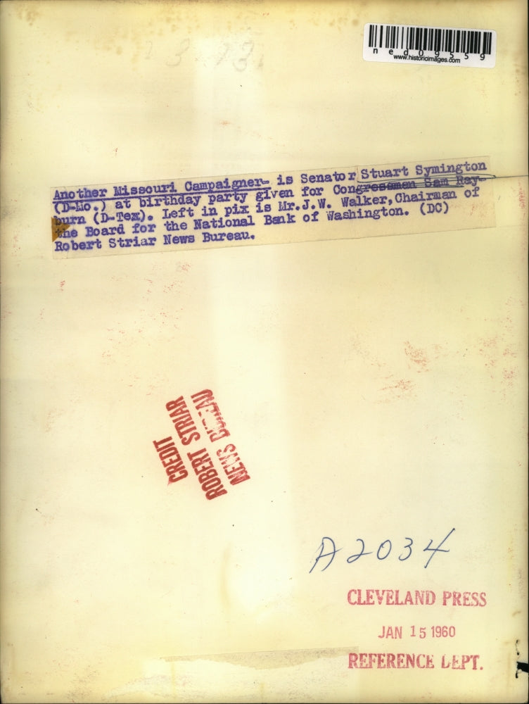1960 Press Photo Missouri Stuart Symington Congressmen Sam Rayburn JW Walker