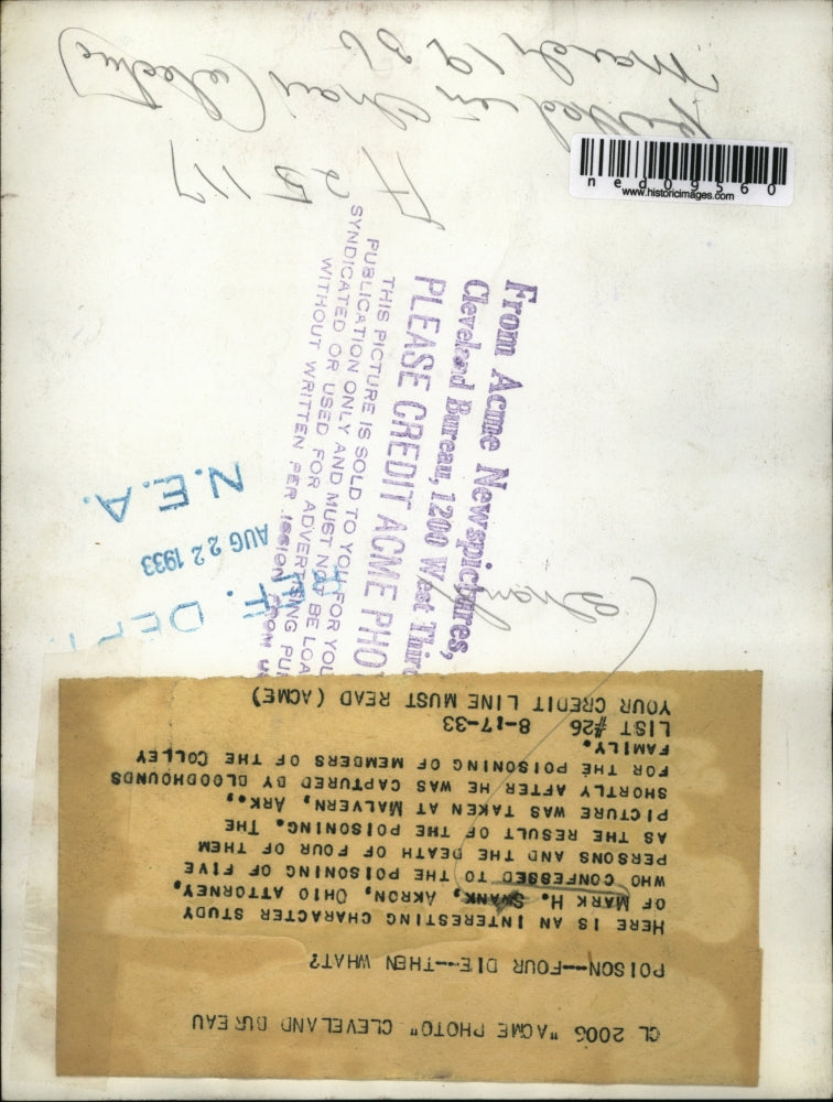 1933 Media Photo Mark H Swank Akron Ohio Malvern Arkansas Colley Family Murder